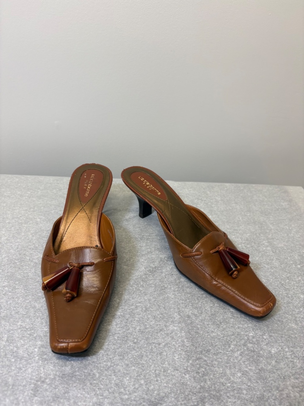 Y2K Kitten Heel Pumps, Cognac Brown Leather Mules, Liz Claiborne Tassel Shoes 7B